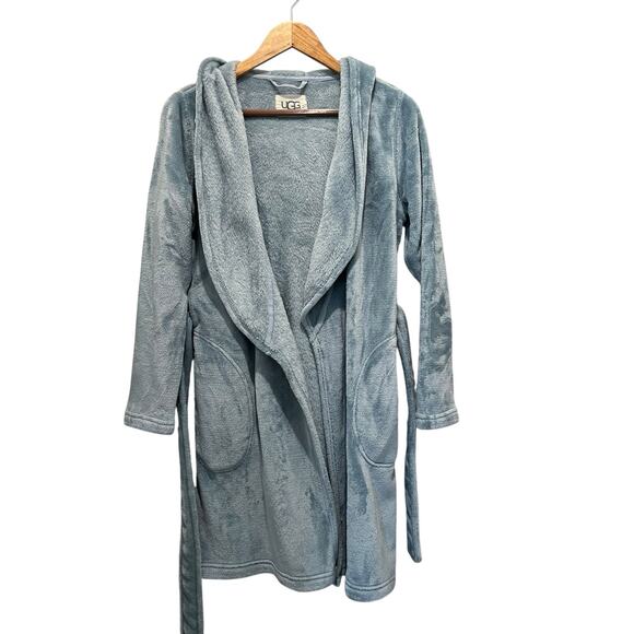 UGG Women's Hooded Short Robe Blue Green Small Pockets Comfort Warm Mom - Picture 1 of 7